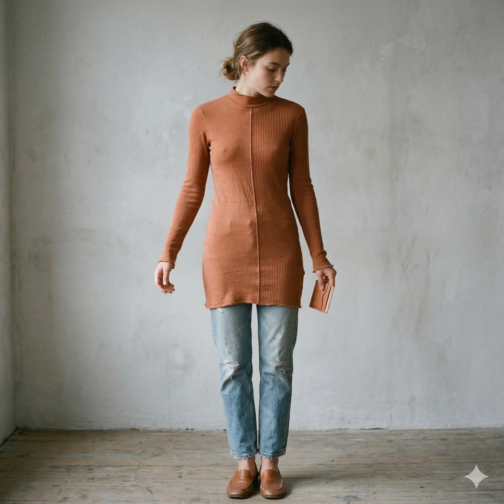 Acneβ Trix Wool Rib Mock Neck Top Womens XS Terracotta Rust Orange Long Sleeve